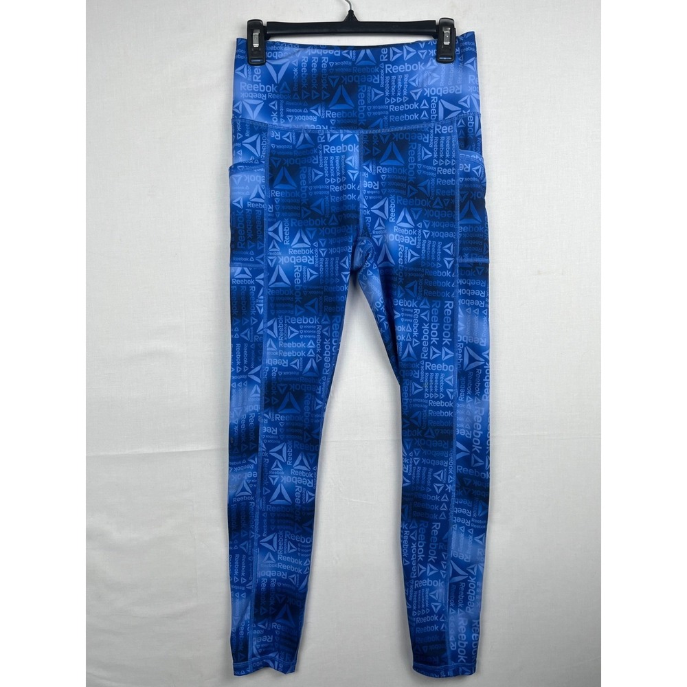Reebok Womens Logo Print Athletic Leggings Size M Blue Pocket‎ REW233LE08